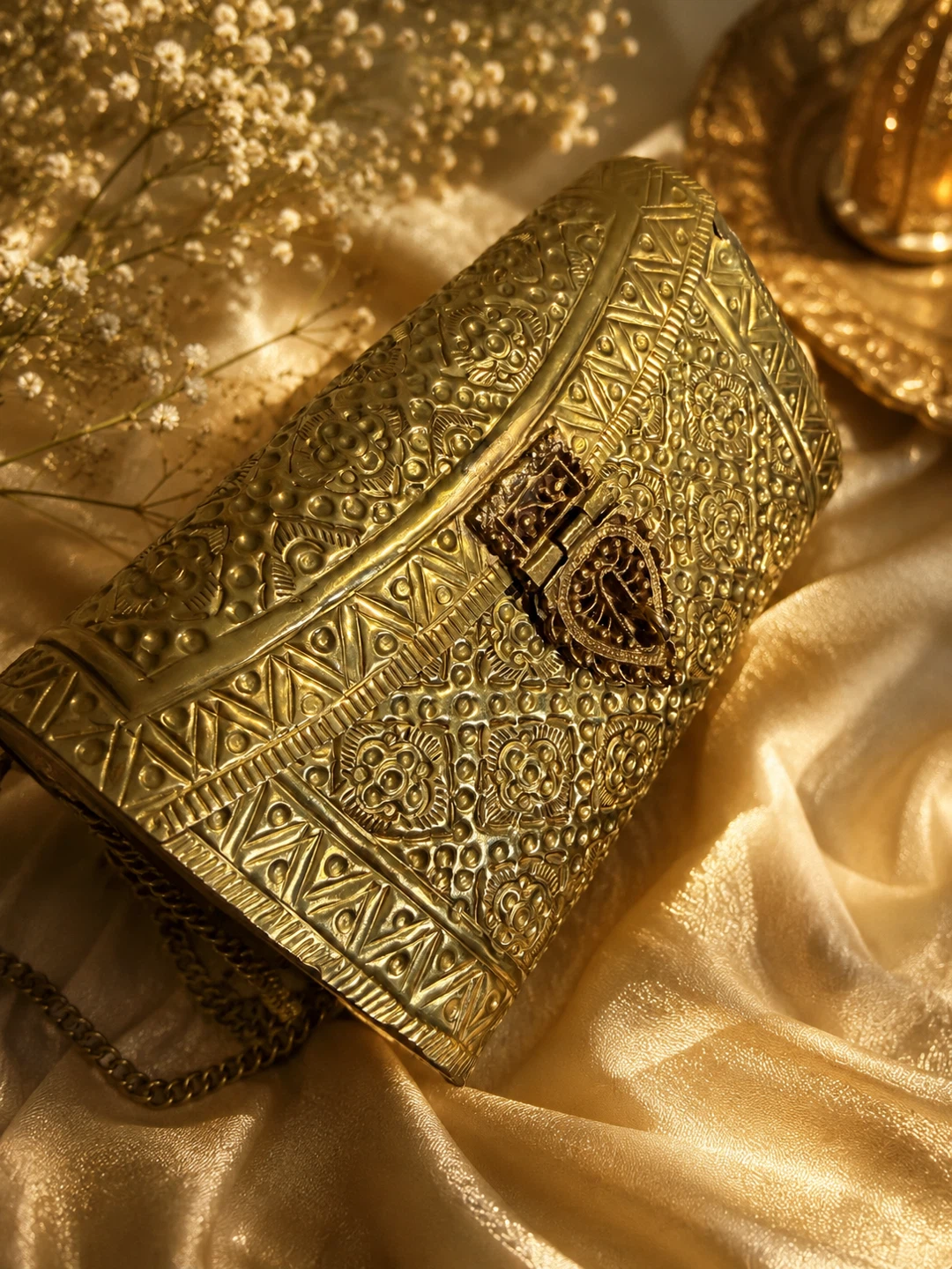 Ornate Gold Metal Clutch with Chain