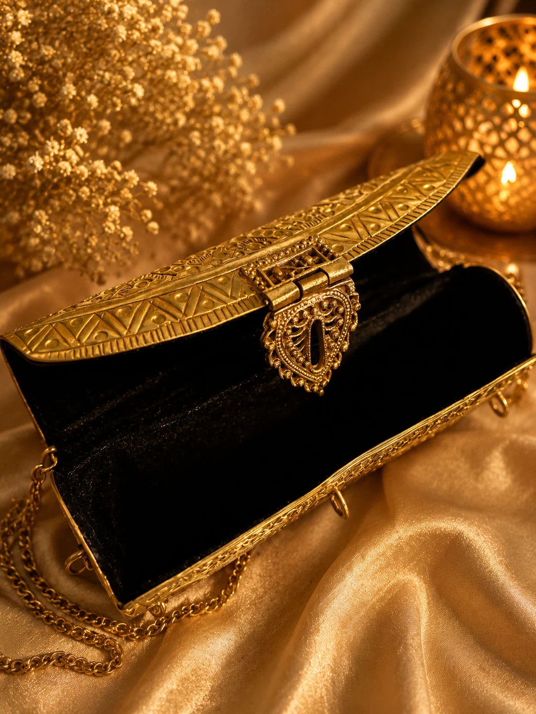 Ornate Gold Metal Clutch with Chain - photo 2