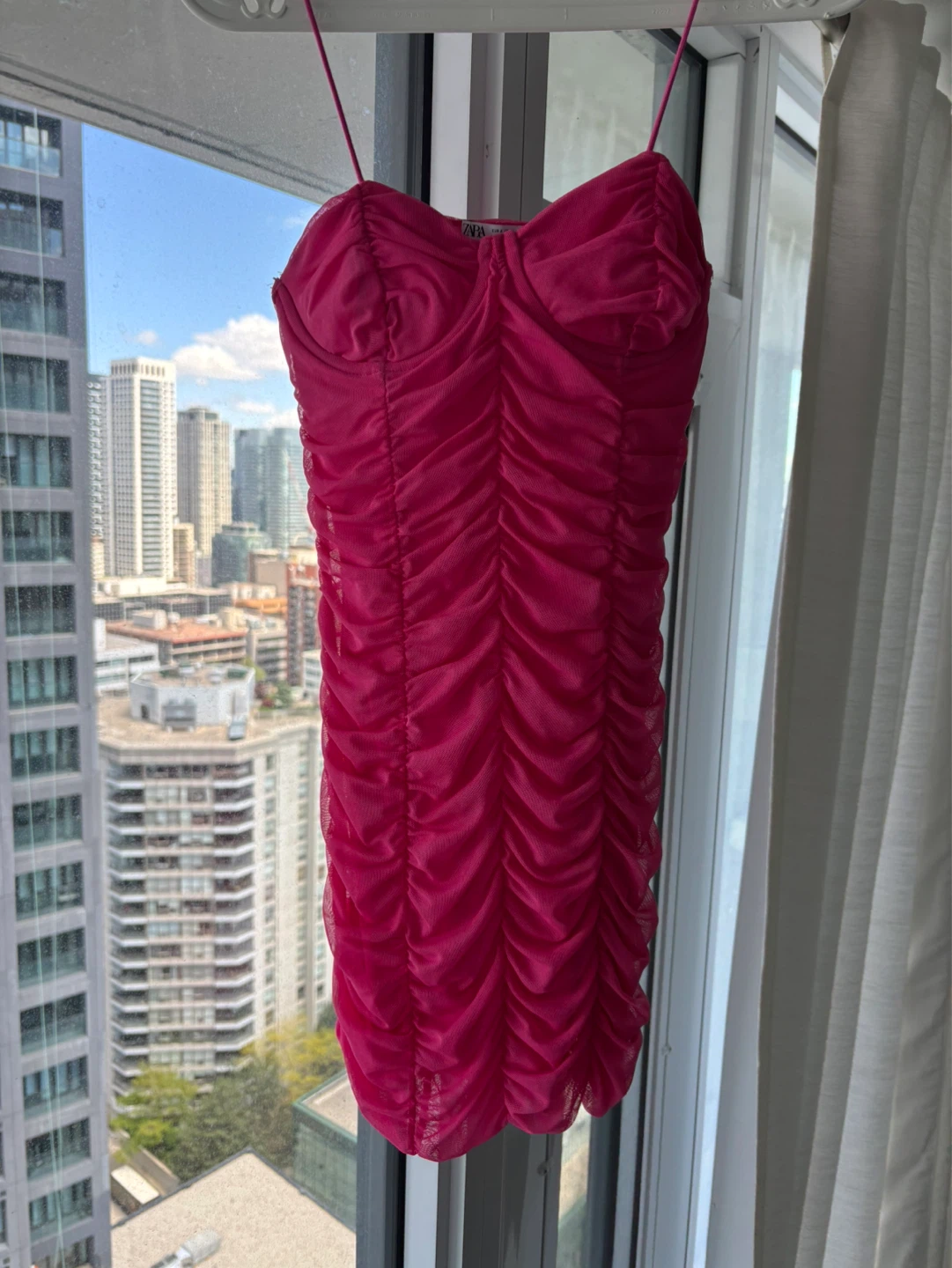 ZARA Pink Ruched Mesh Mini Dress