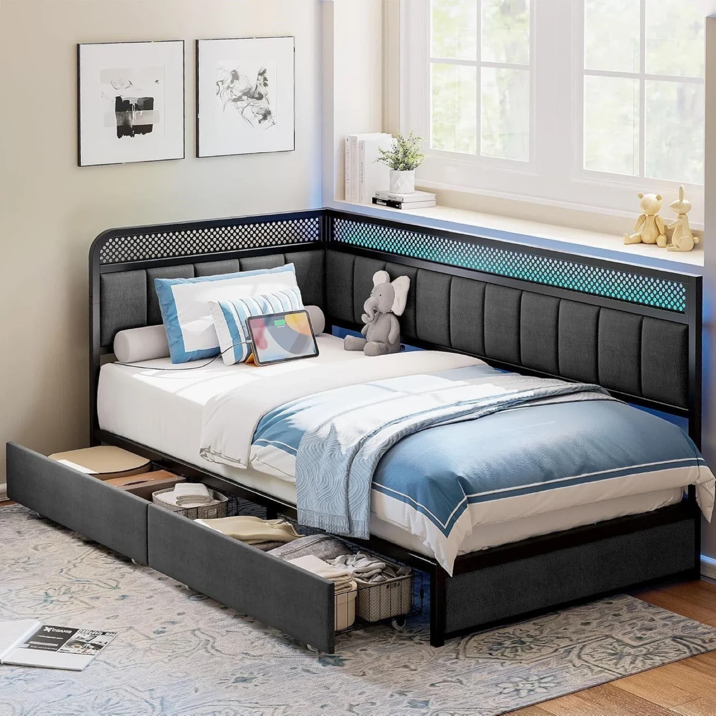 Corner Bed Frame with LED Lights - Twin Size