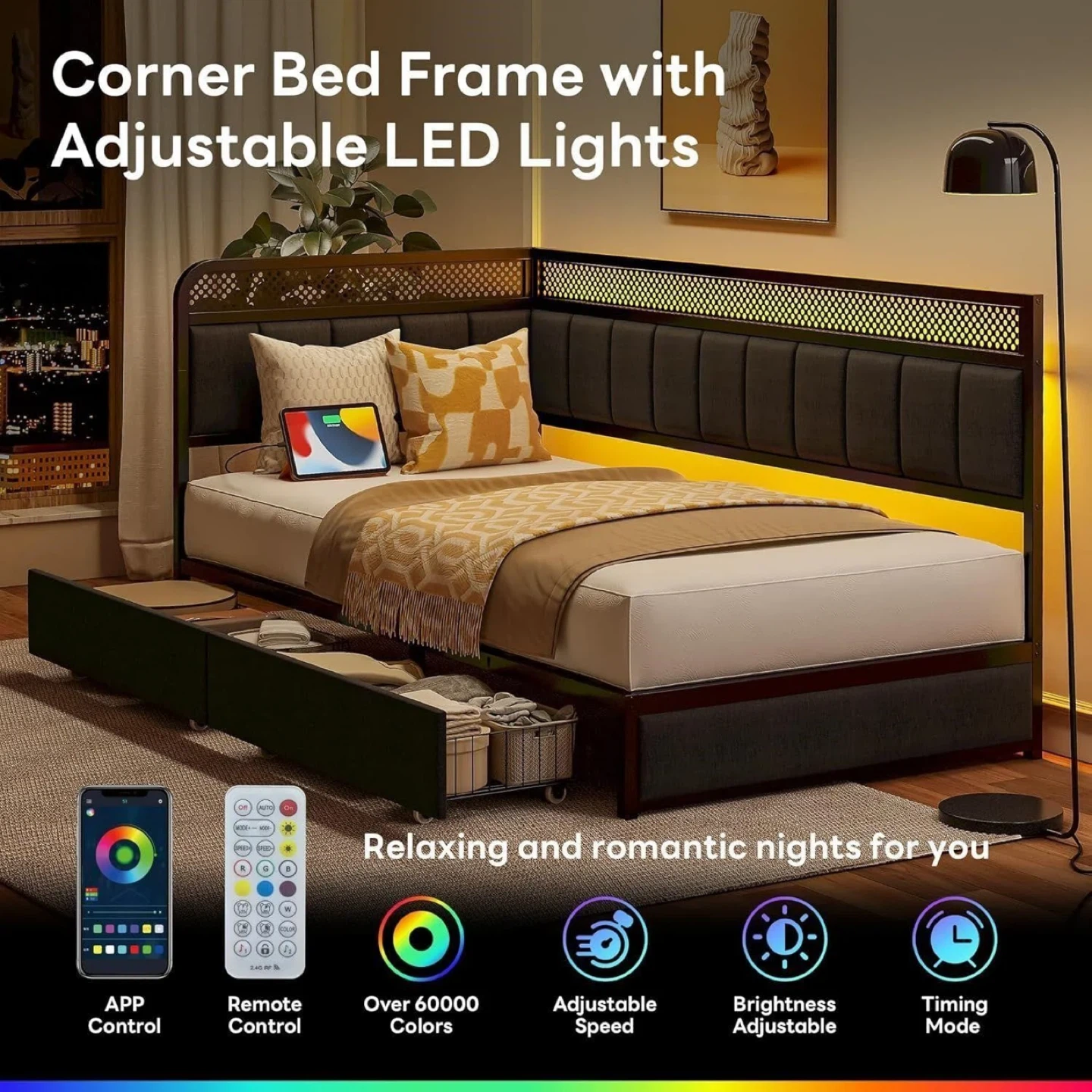 Corner Bed Frame with LED Lights - Twin Size - photo 3