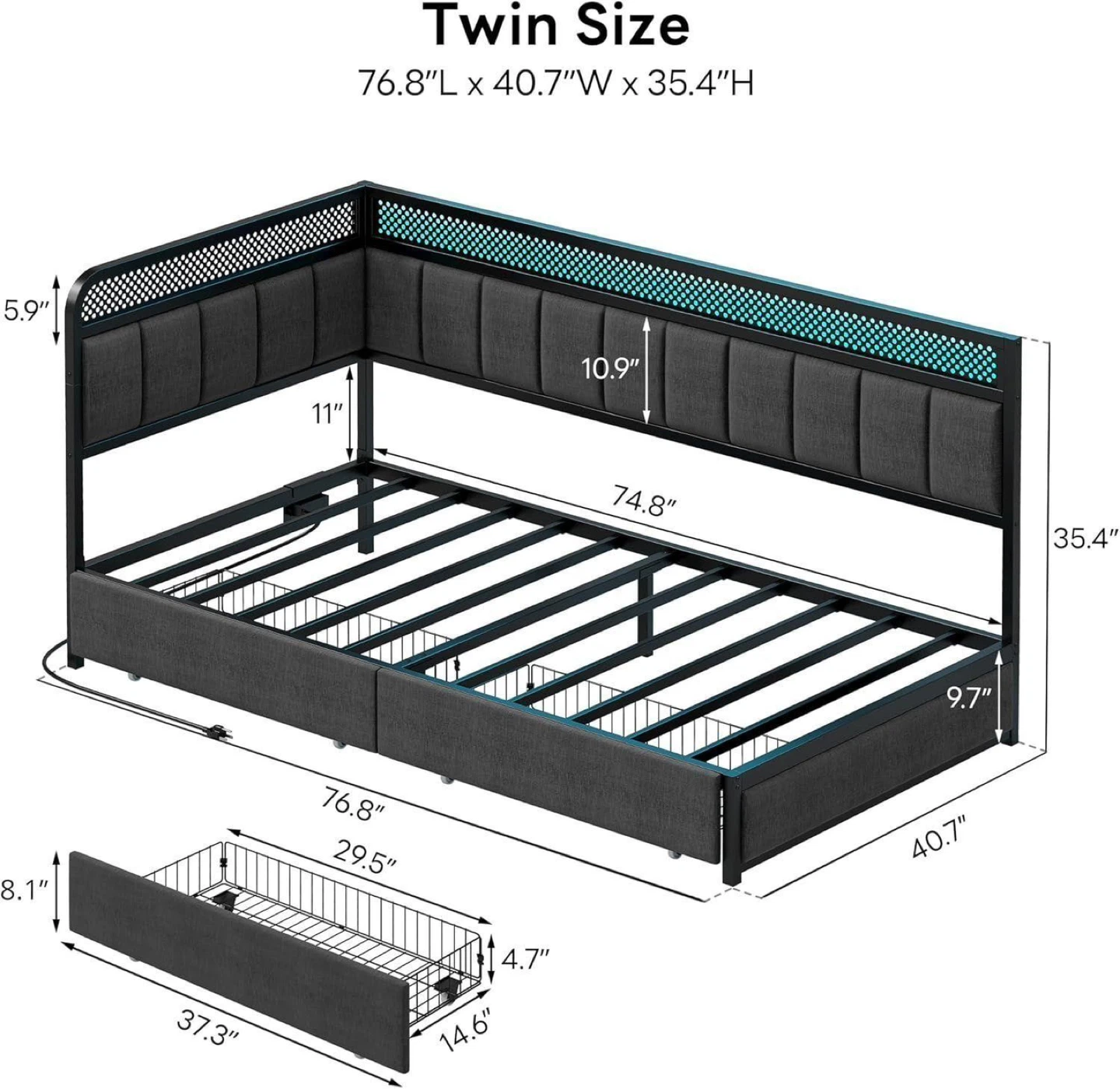 Corner Bed Frame with LED Lights - Twin Size - photo 2