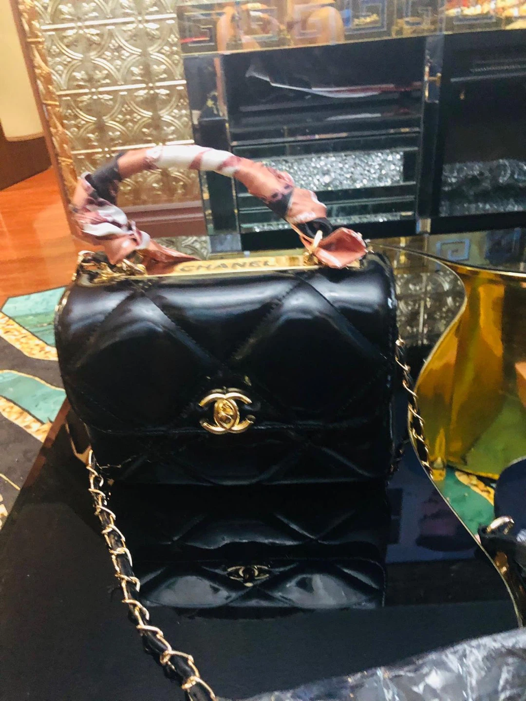 Chanel Black Quilted Handbag with Scarf Handle