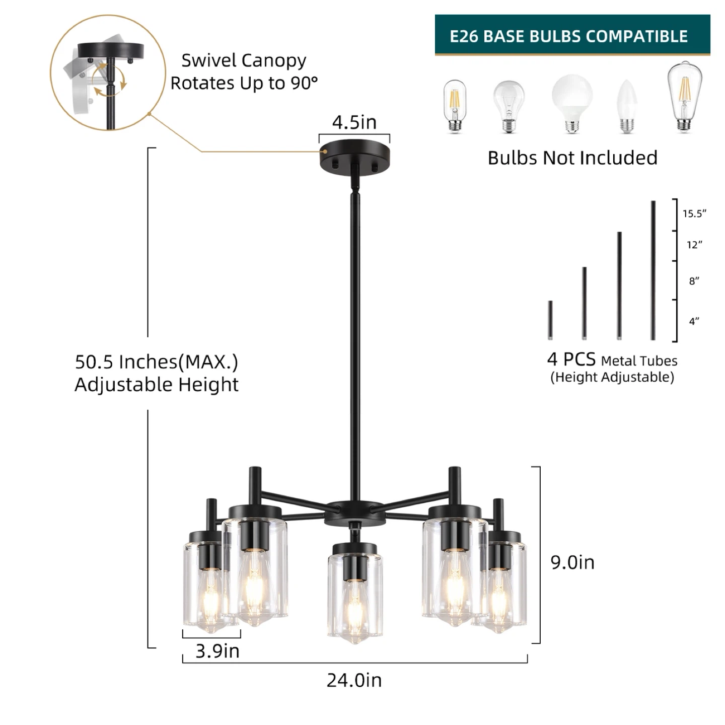 Black 5-Light Chandelier with Glass Shades - photo 2