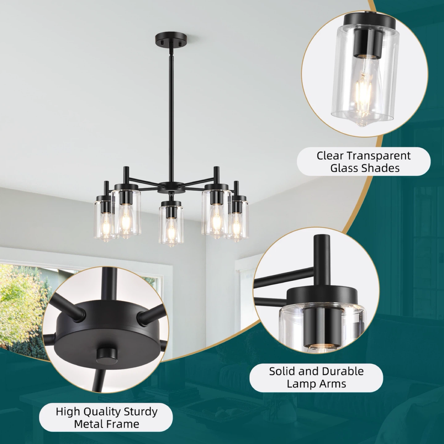 Black 5-Light Chandelier with Glass Shades - photo 4