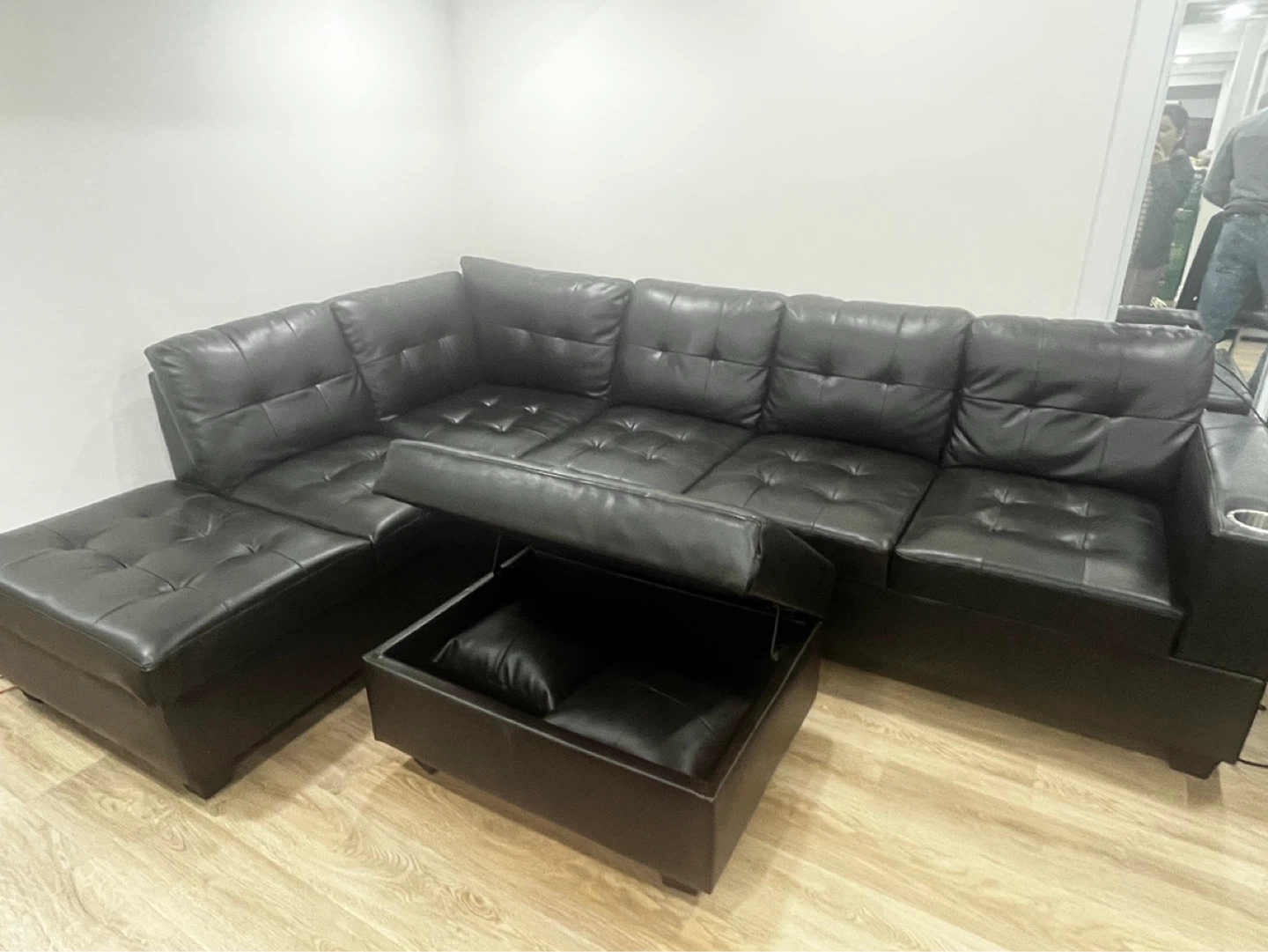 Black Leather Sectional Sofa with Storage Ottomans - photo 3