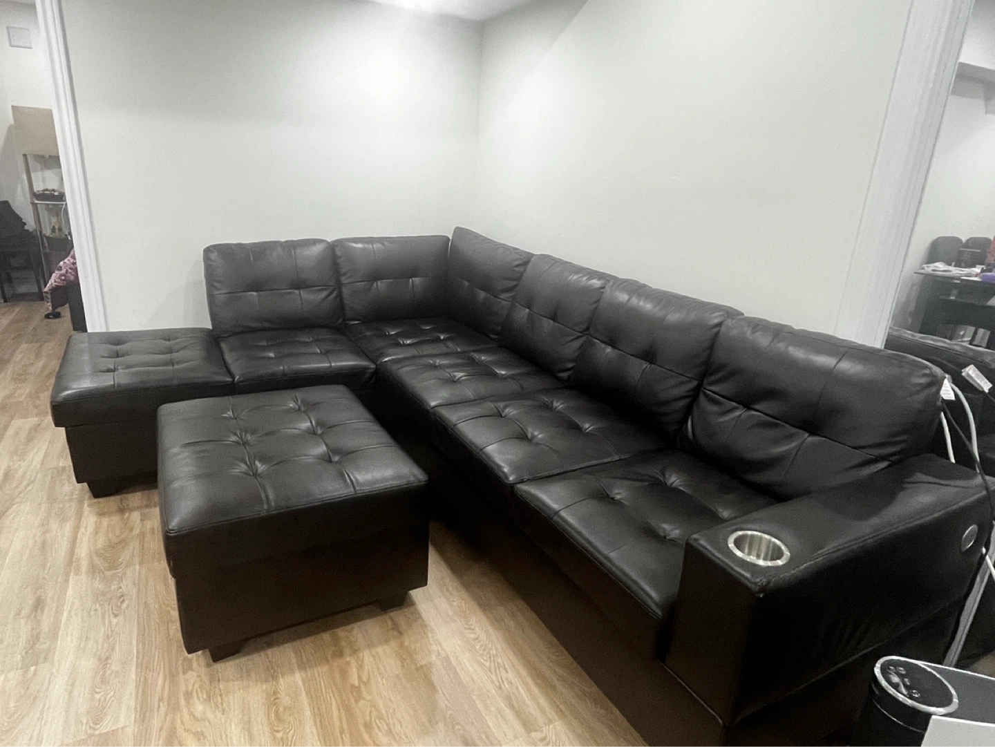 Black Leather Sectional Sofa with Storage Ottomans - photo 2