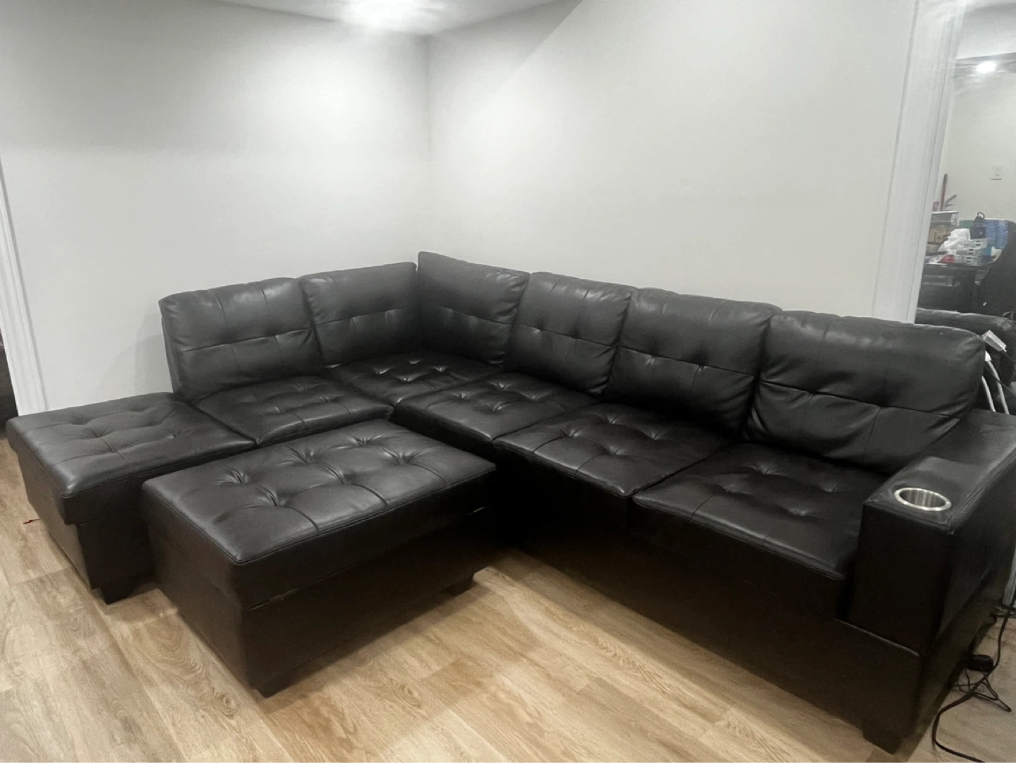 Black Leather Sectional Sofa with Storage Ottomans - photo 5