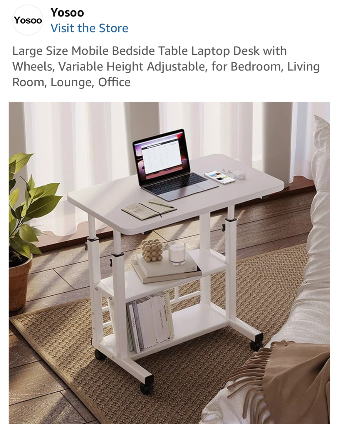 Yosoo Adjustable Height Mobile Laptop Desk with Shelves