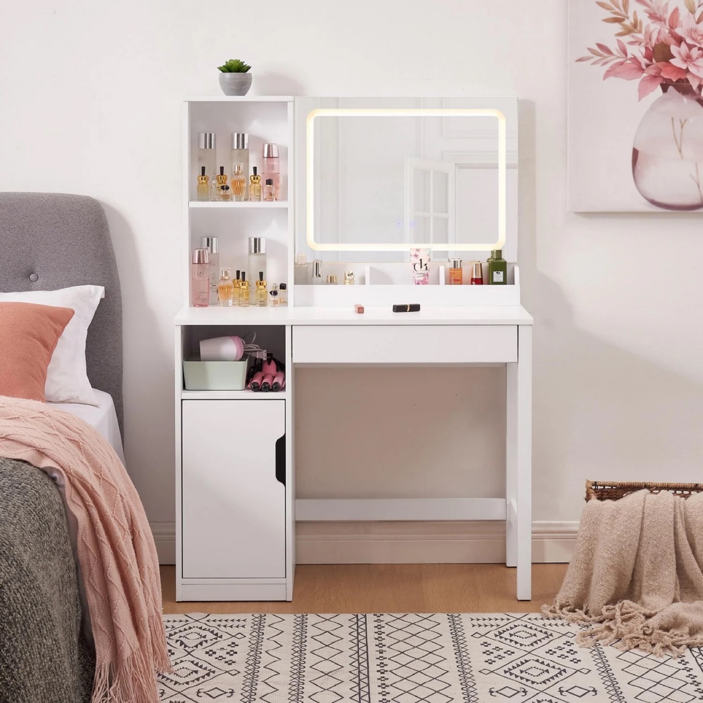 White Vanity Desk with LED Mirror and Storage