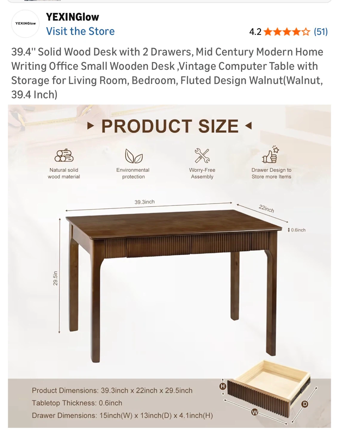 YEXINGlow 39.4" Solid Wood Desk - photo 2