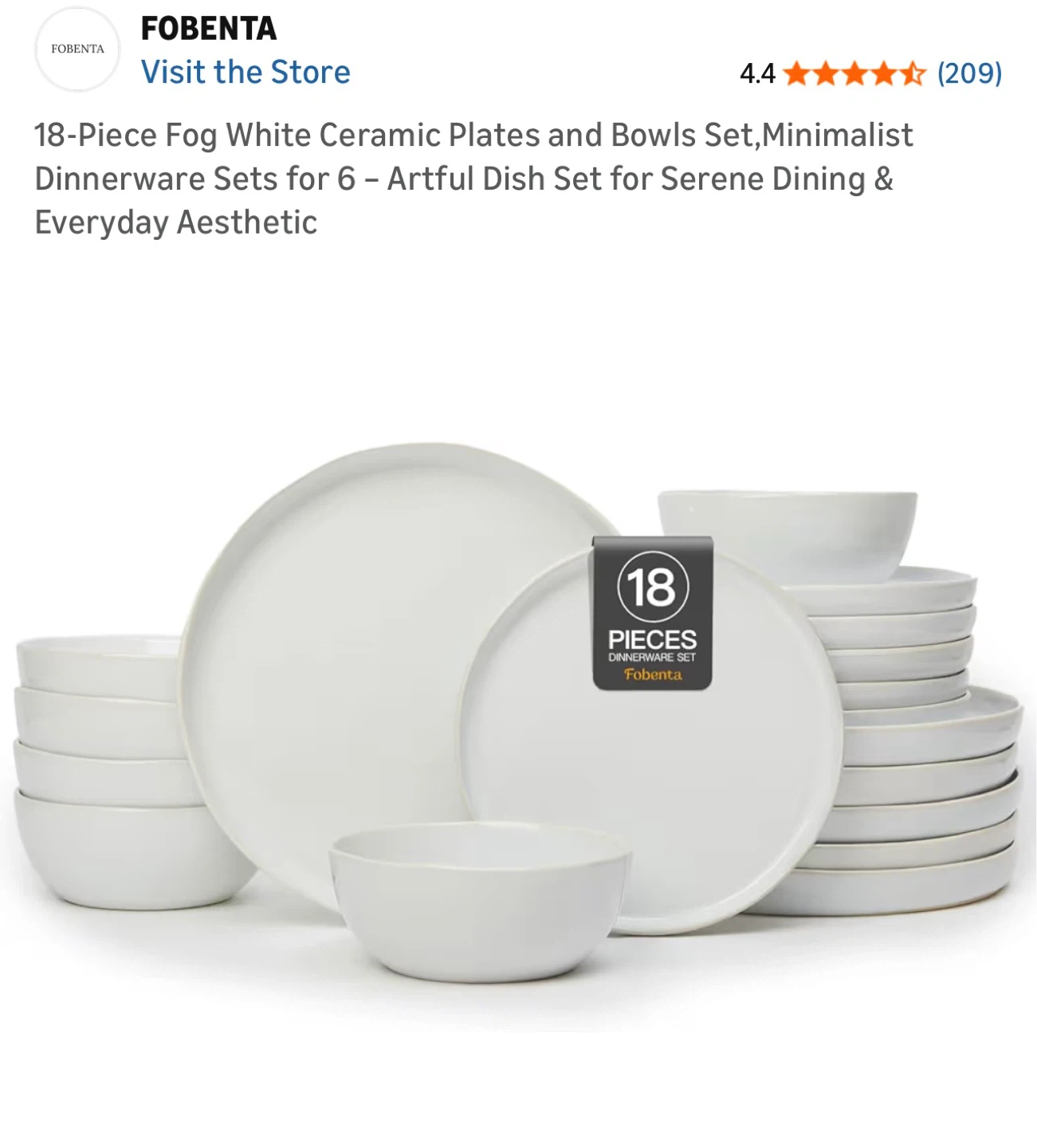 FOBENTA 18-Piece Fog White Ceramic Dinnerware Set
