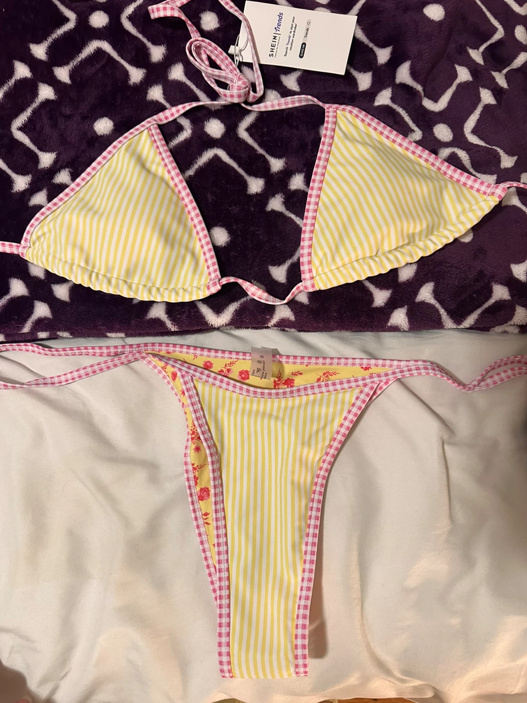 Brand New! Shein Bikini Set Yellow Striped & Floral Print Size S
