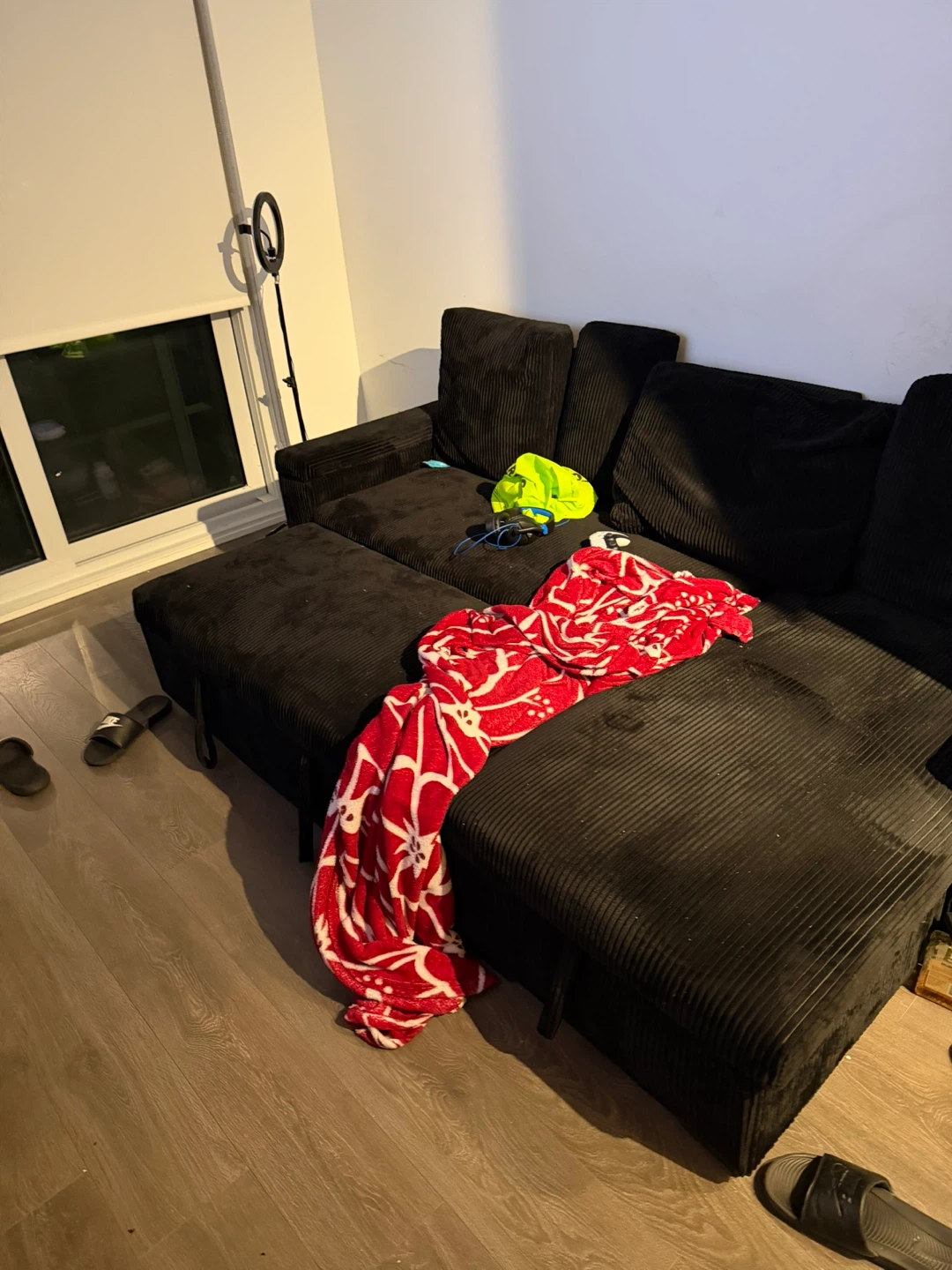 Black Corduroy Sectional Sofa with Ottomans