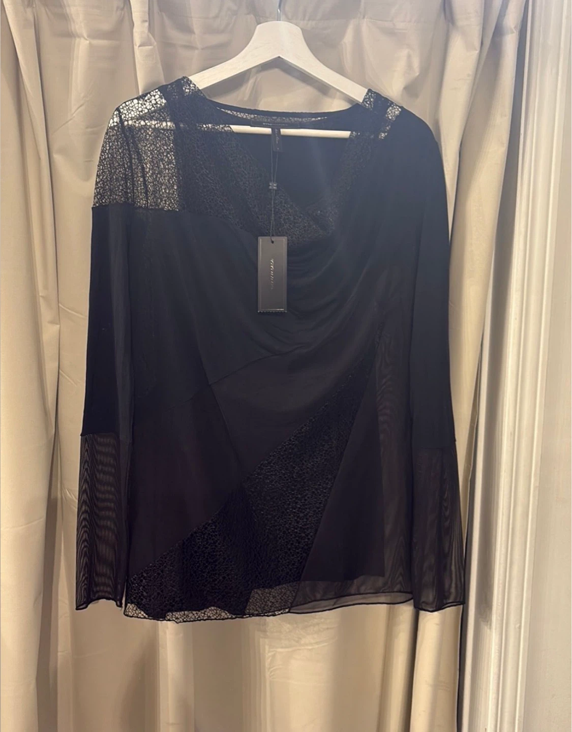New BCBGMAXAZRIA Black Lace Trim Long Sleeve Blouse
