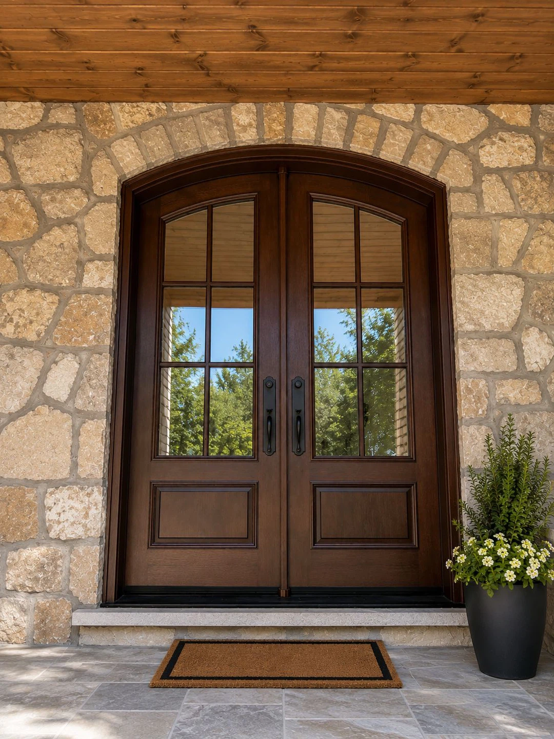 Double Entry Doors with Arched Transom Windows