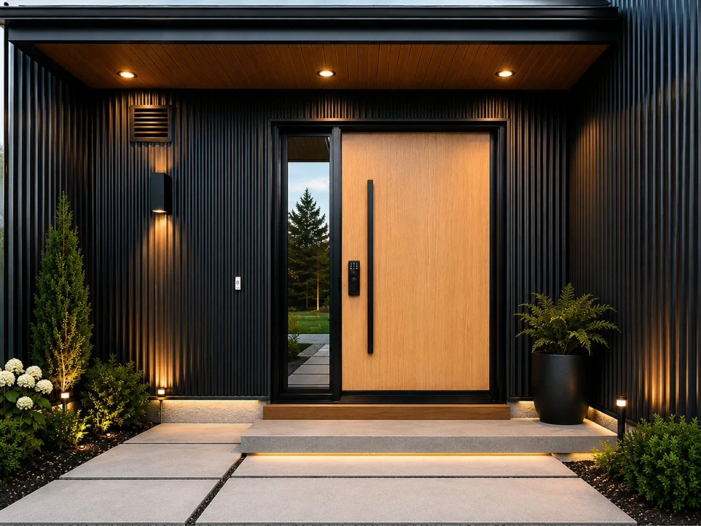 Modern Wood and Black Entry Door with Smart Lock