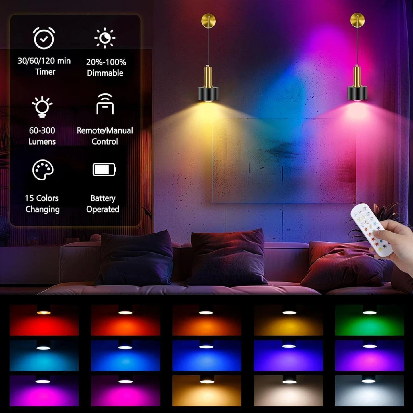 Set of 2 Battery Operated Wall Sconces with Remote Control - photo 3