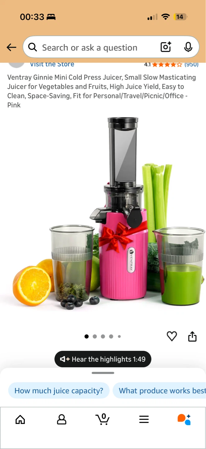 Ventray Ginnie Mini Cold Press Juicer - Pink - photo 2