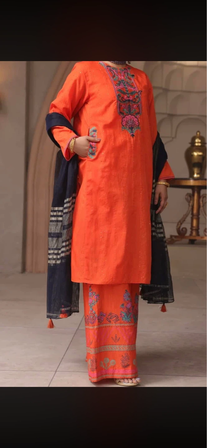 Orange embroidered kurta and pants set