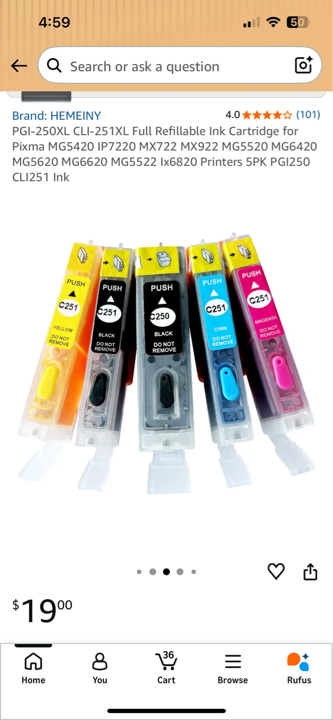 PGI-250XL CLI-251XL Refillable Ink Cartridges 5PK