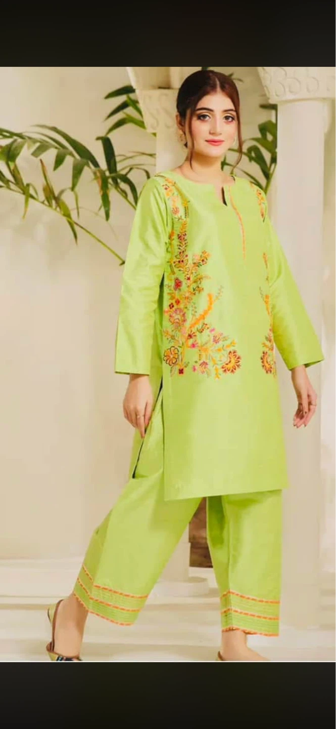 Lime Green Embroidered Kurti and Pants Set - Medium