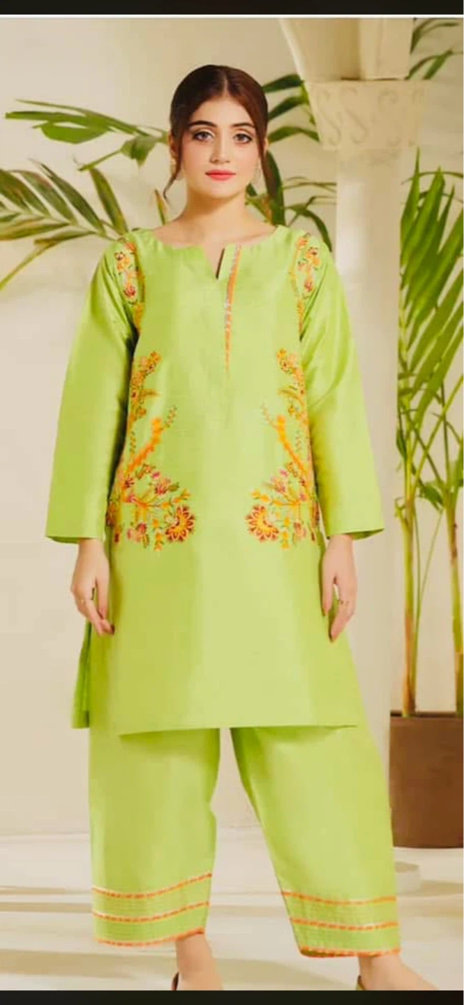 Lime Green Embroidered Kurti and Pants Set - Medium - photo 2