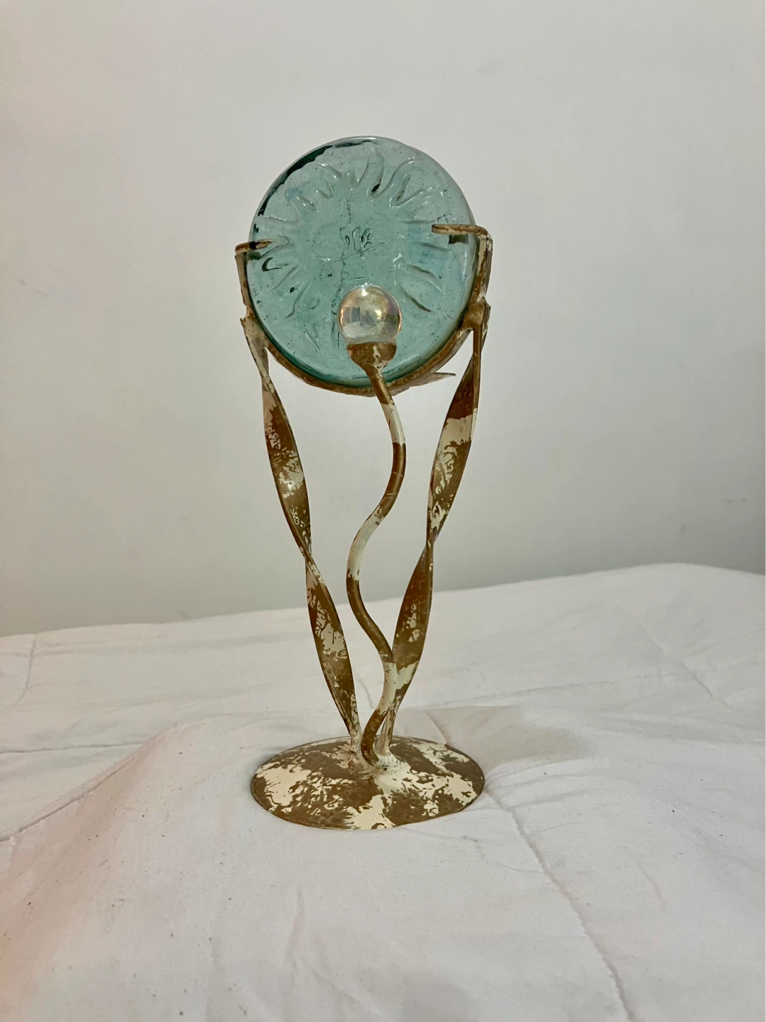 Vintage Wrought Iron Glass Sun Face Candle Holder - 11” x 5” - photo 4