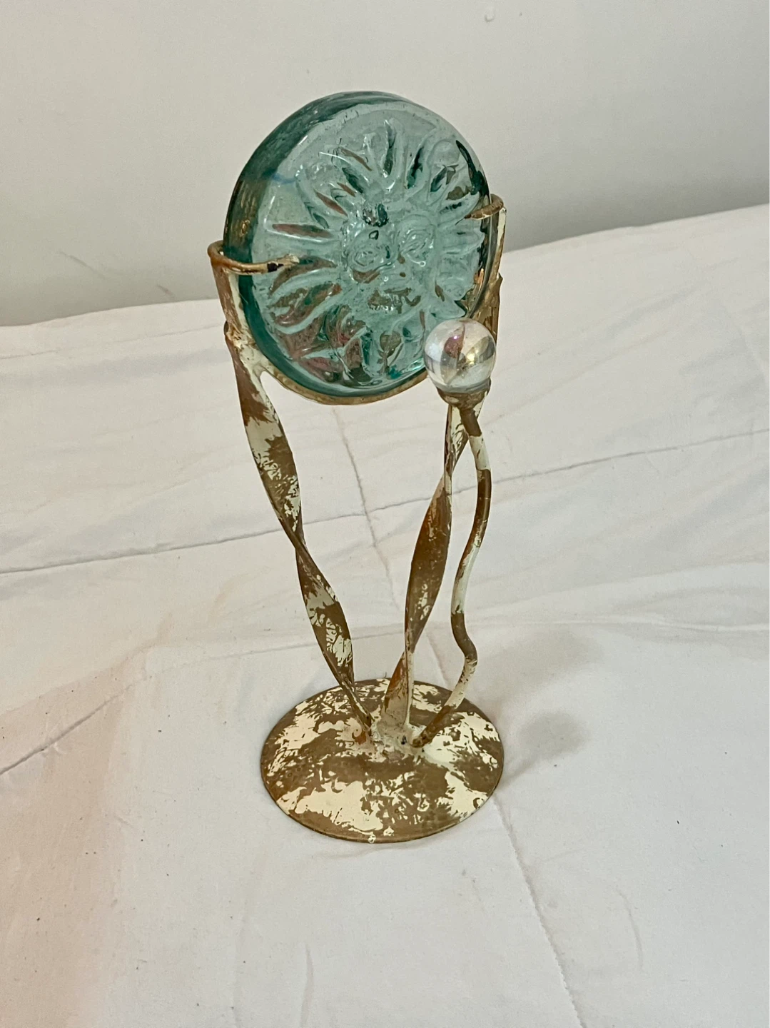 Vintage Wrought Iron Glass Sun Face Candle Holder - 11” x 5”