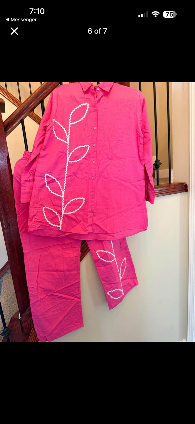 Pink Pyjama Set with White Leaf Embroidery