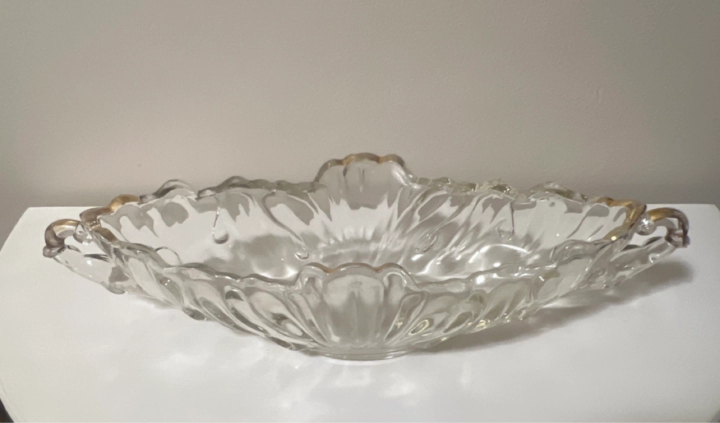 Antique Glass Oval Serving Dish with Gold Trim