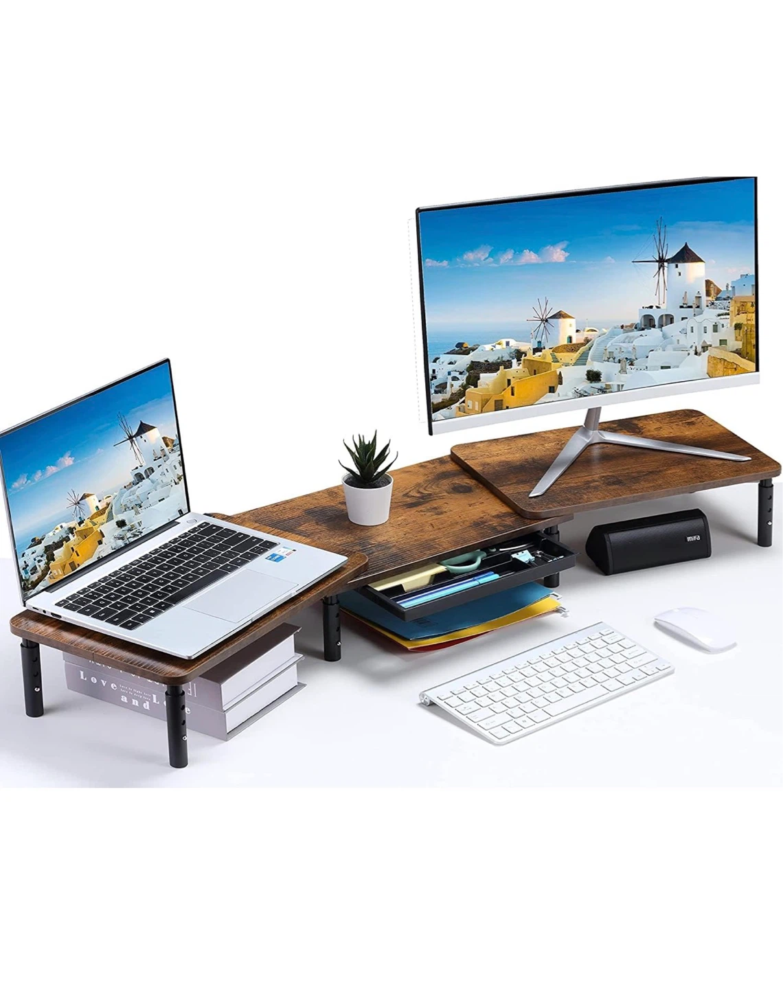 Adjustable Monitor Stand with Drawer and Cable Management