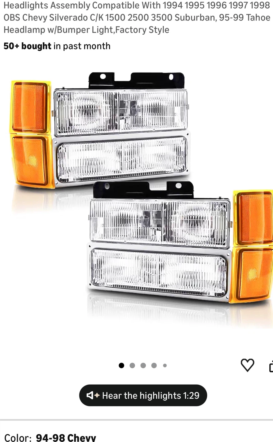 Headlights Assembly for 1994-1998 Chevy Silverado C/K 1500-3500