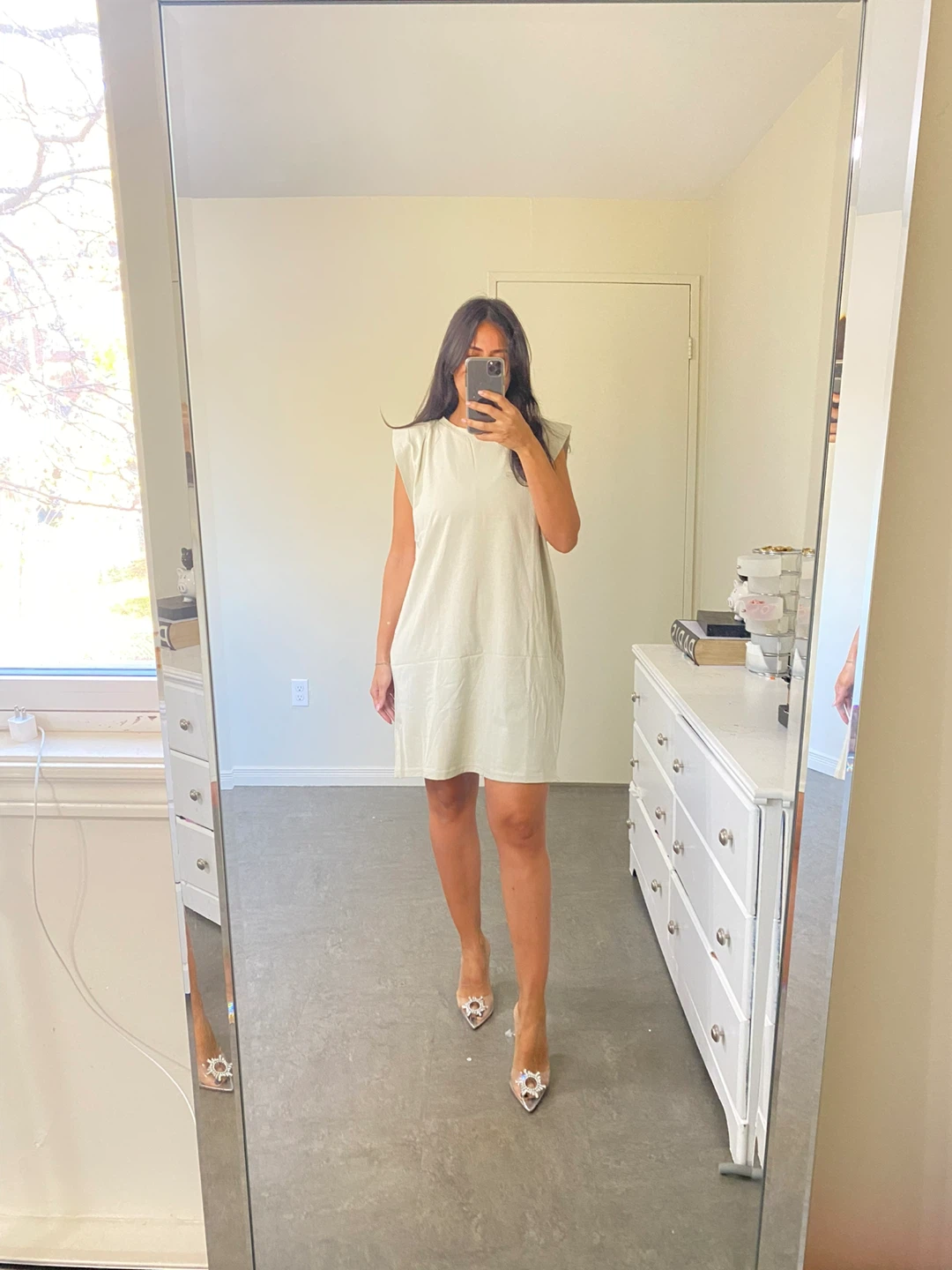 NWT Zara Padded Shoulder T-Shirt Dress - Beige