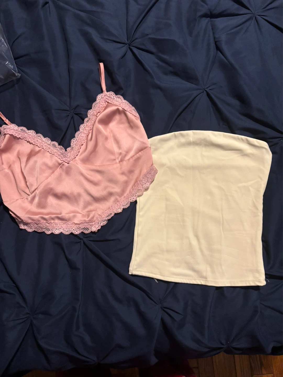 Pink lace cami and cream tube top set