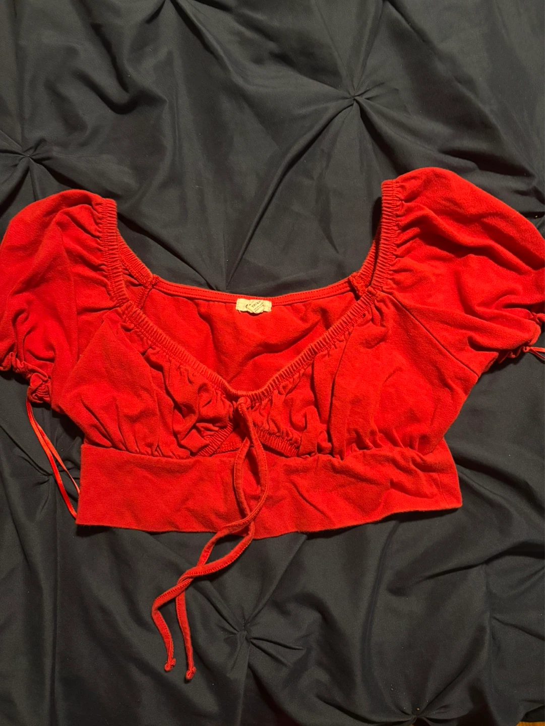 Red Tie-Front Puff Sleeve Crop Top
