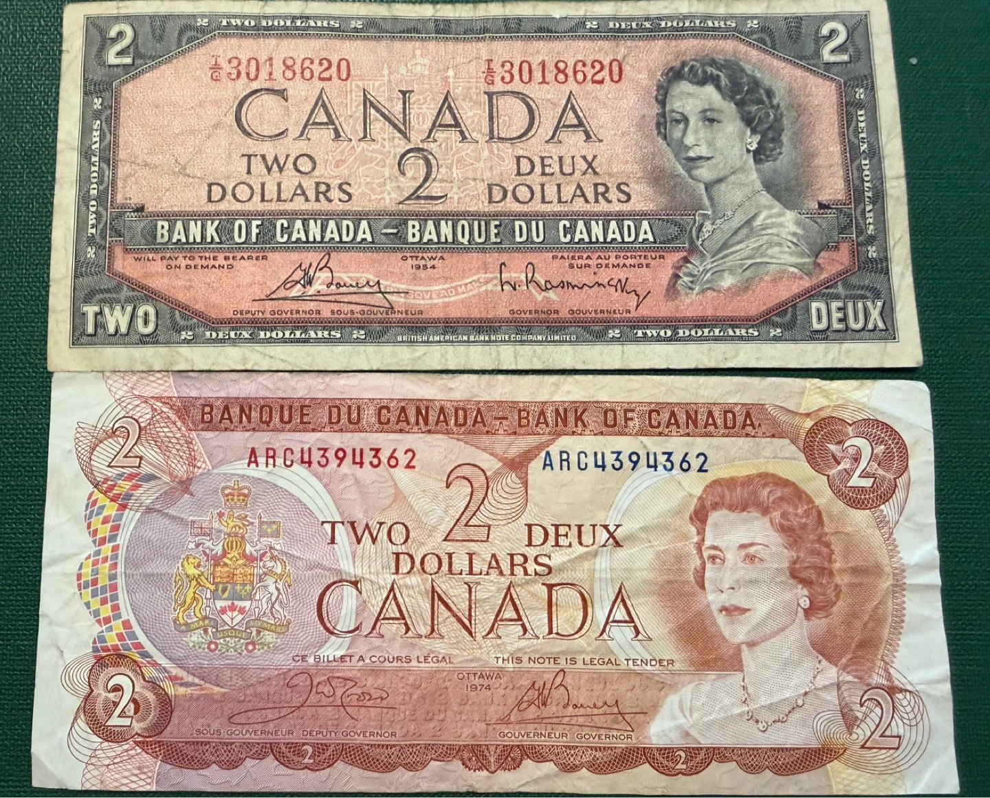 Two Canada $2 Bills - 1974 & 1954