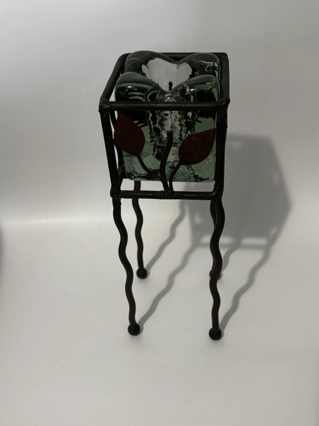 Green Glass Tealight Holder with Metal Stand