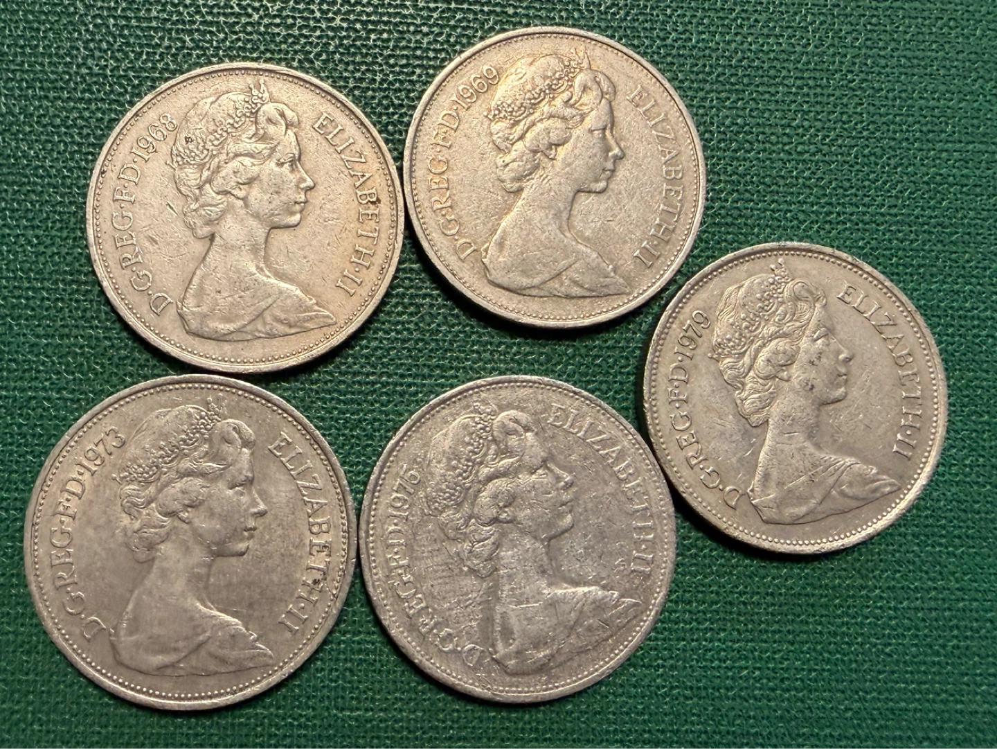Collection of 5 British 10 Pence Coins (various years)