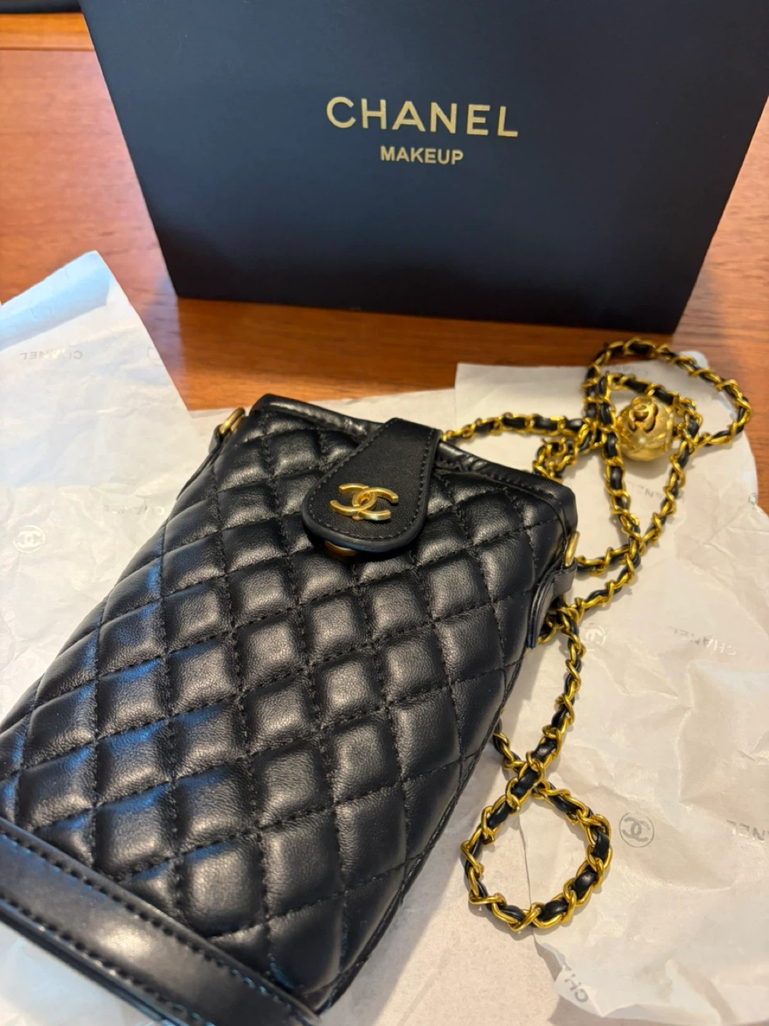 CHANEL Quilted Black Leather Mini Vanity Bag with Chain