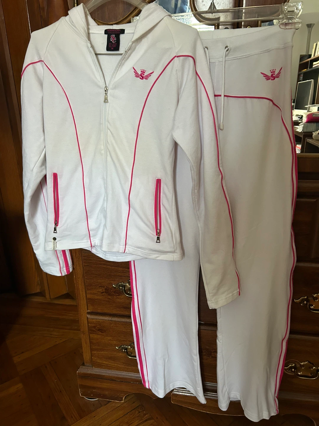 White & Pink Velour Tracksuit Set - Size M