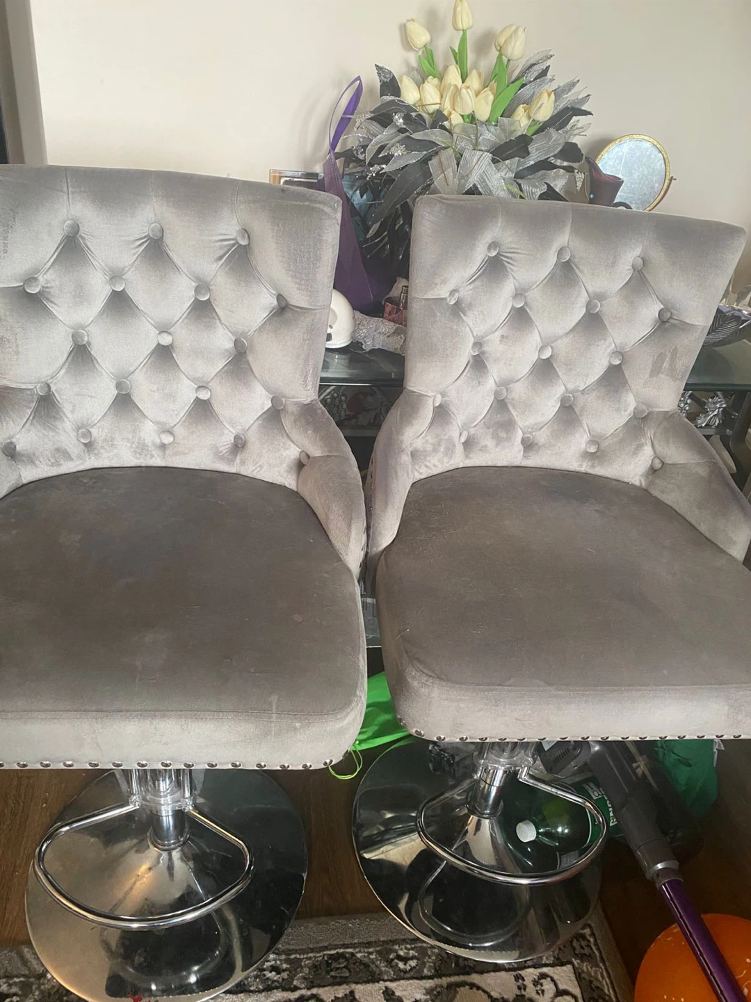 Grey Velvet Tufted Bar Stools (Set of 2)
