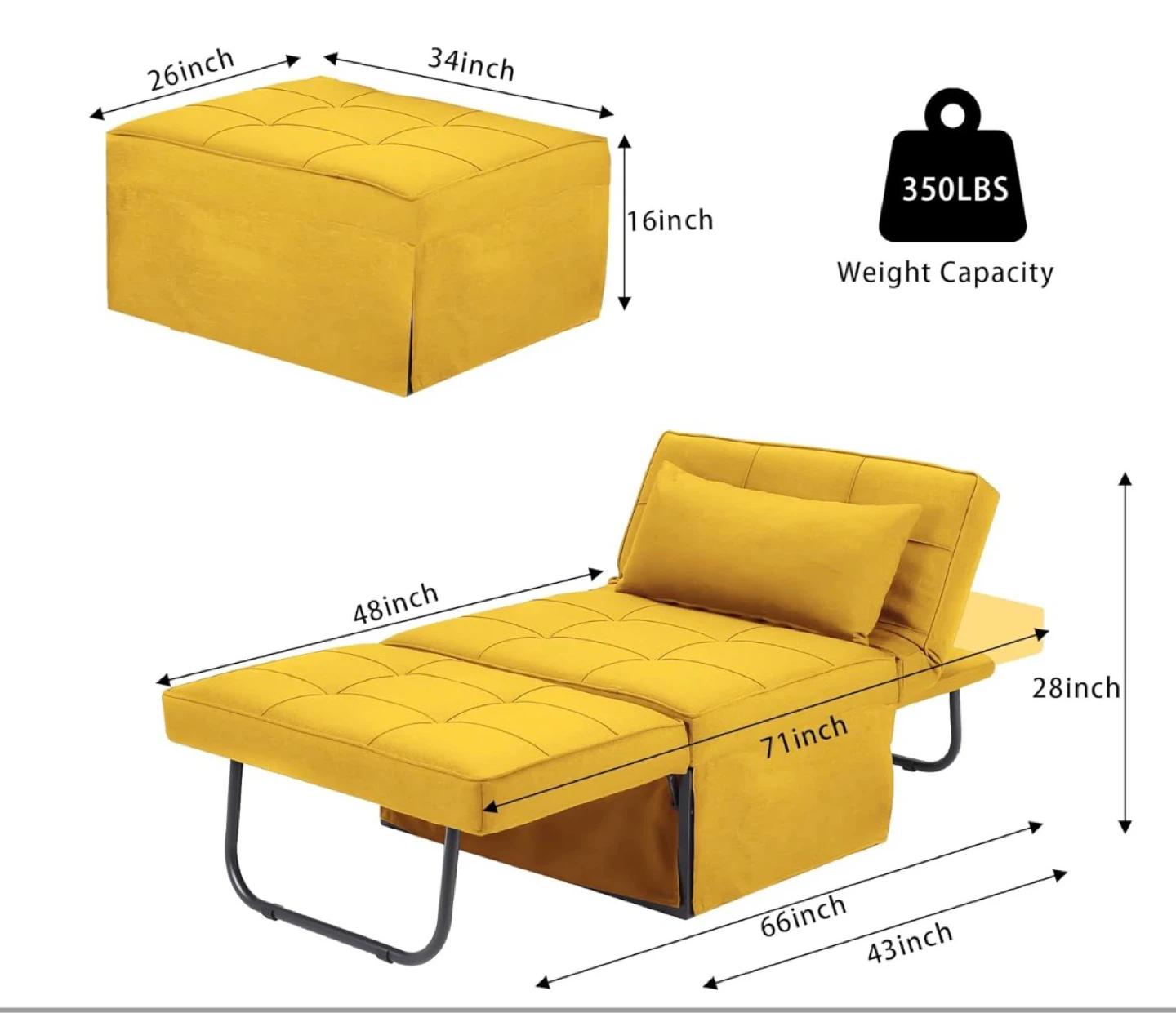Yellow Convertible Sofa Chair Bed with Ottoman - photo 2