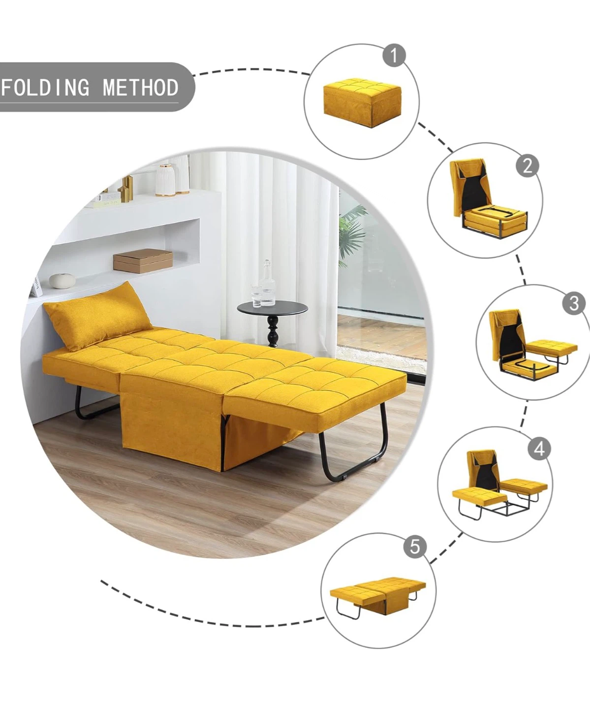Yellow Convertible Sofa Chair Bed with Ottoman - photo 3
