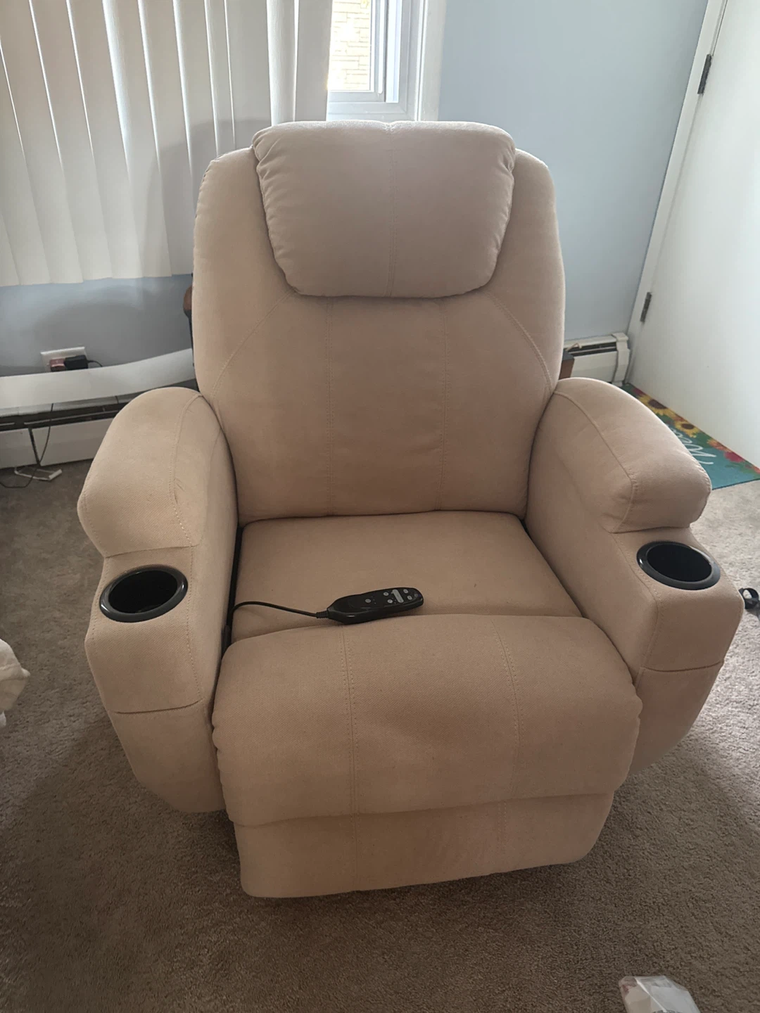Beige Power Recliner Chair with Cup Holders