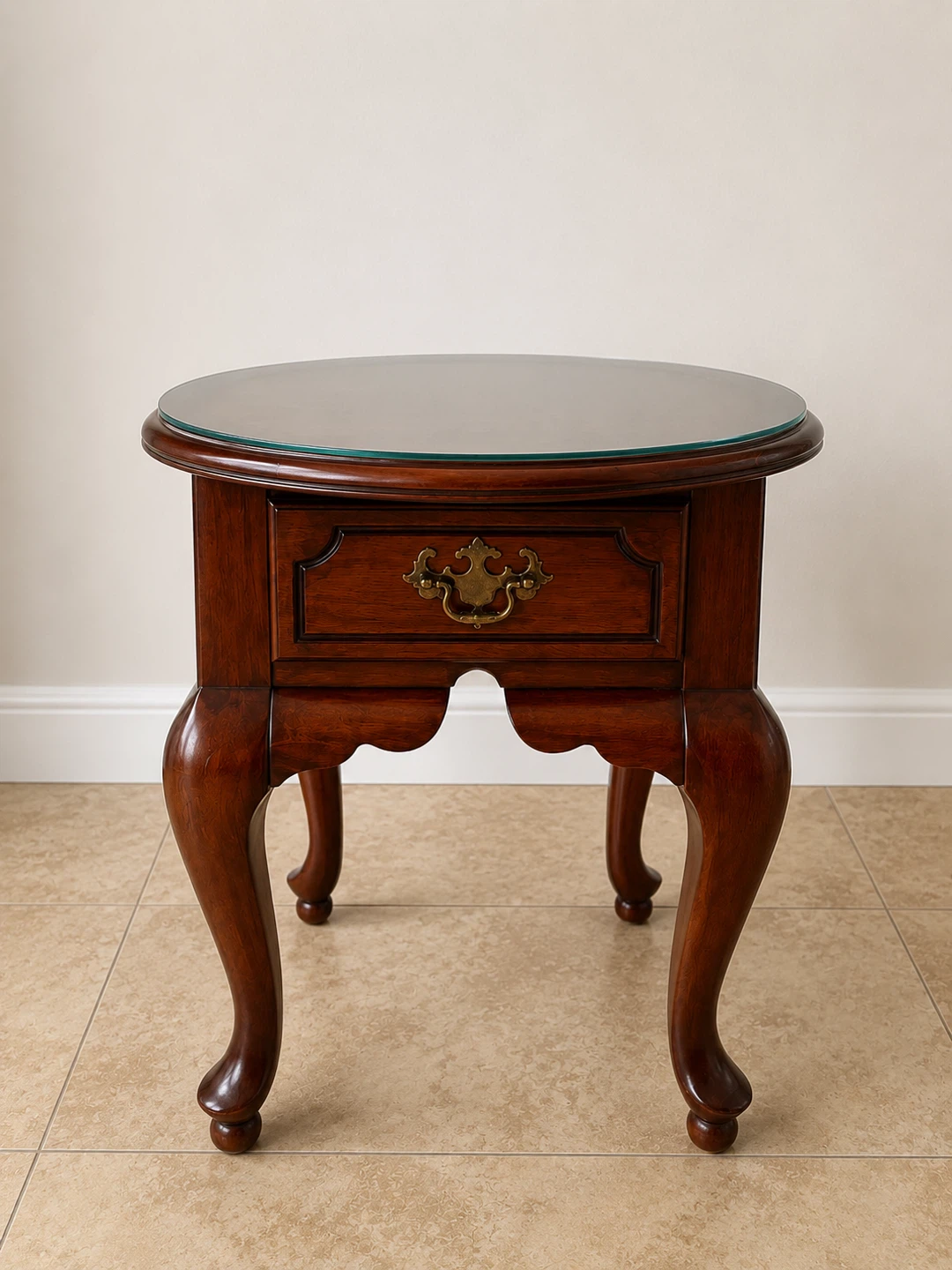 Round End Table with Glass Top and Drawer