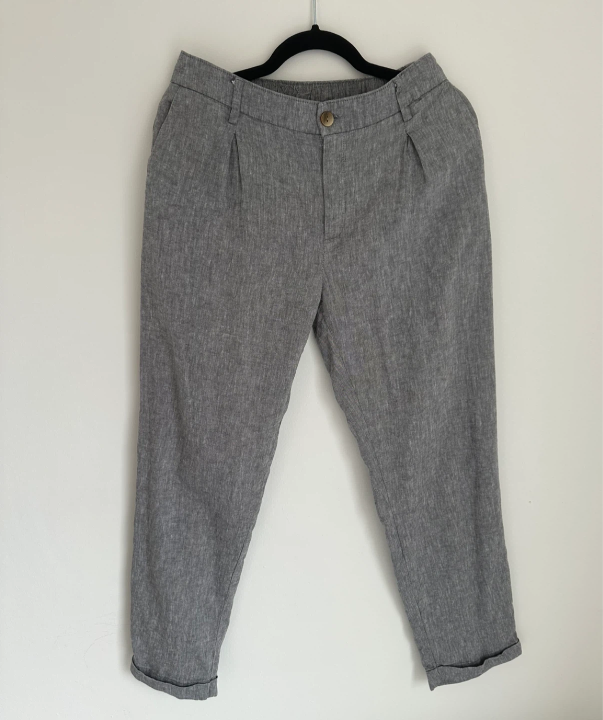 Grey Linen Blend Cropped Trousers