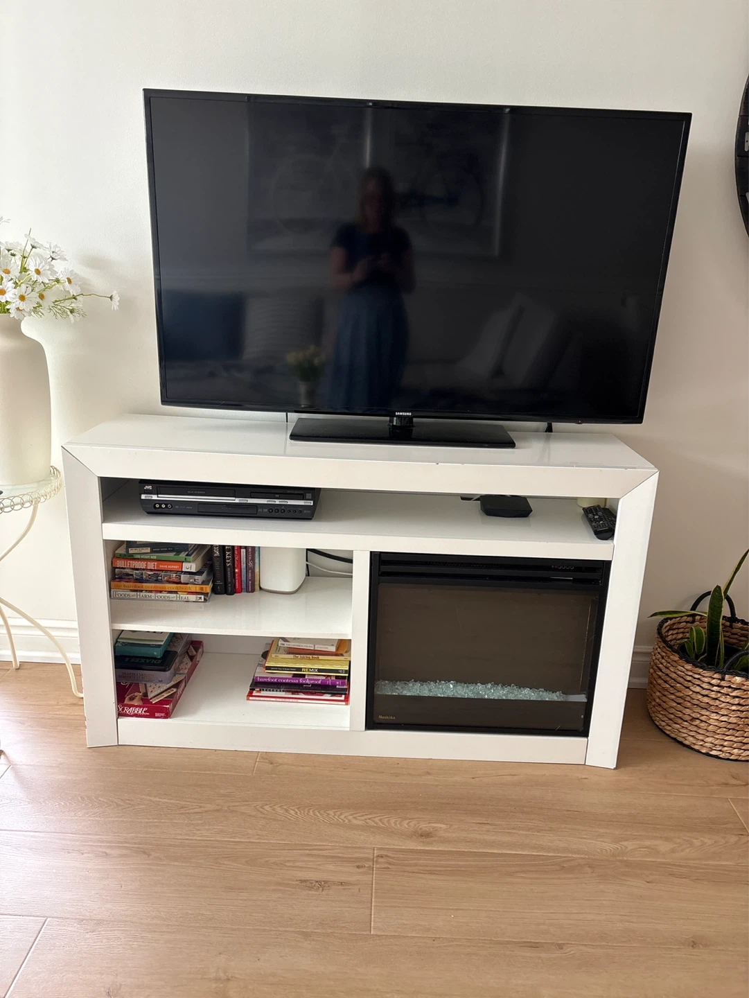 White TV Stand with Electric Fireplace