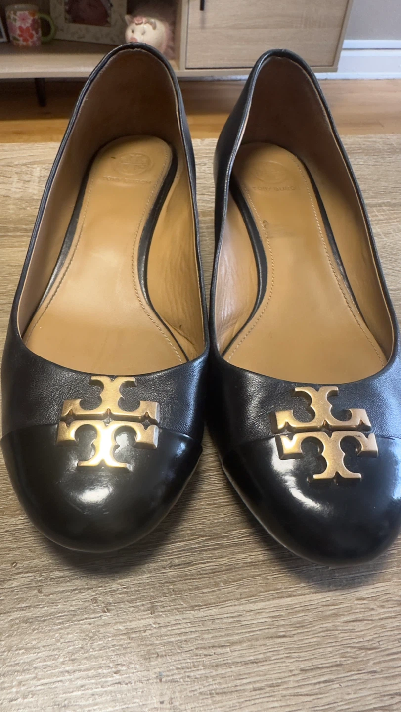 Tory Burch Black Leather Wedge Shoes - Size 8.5