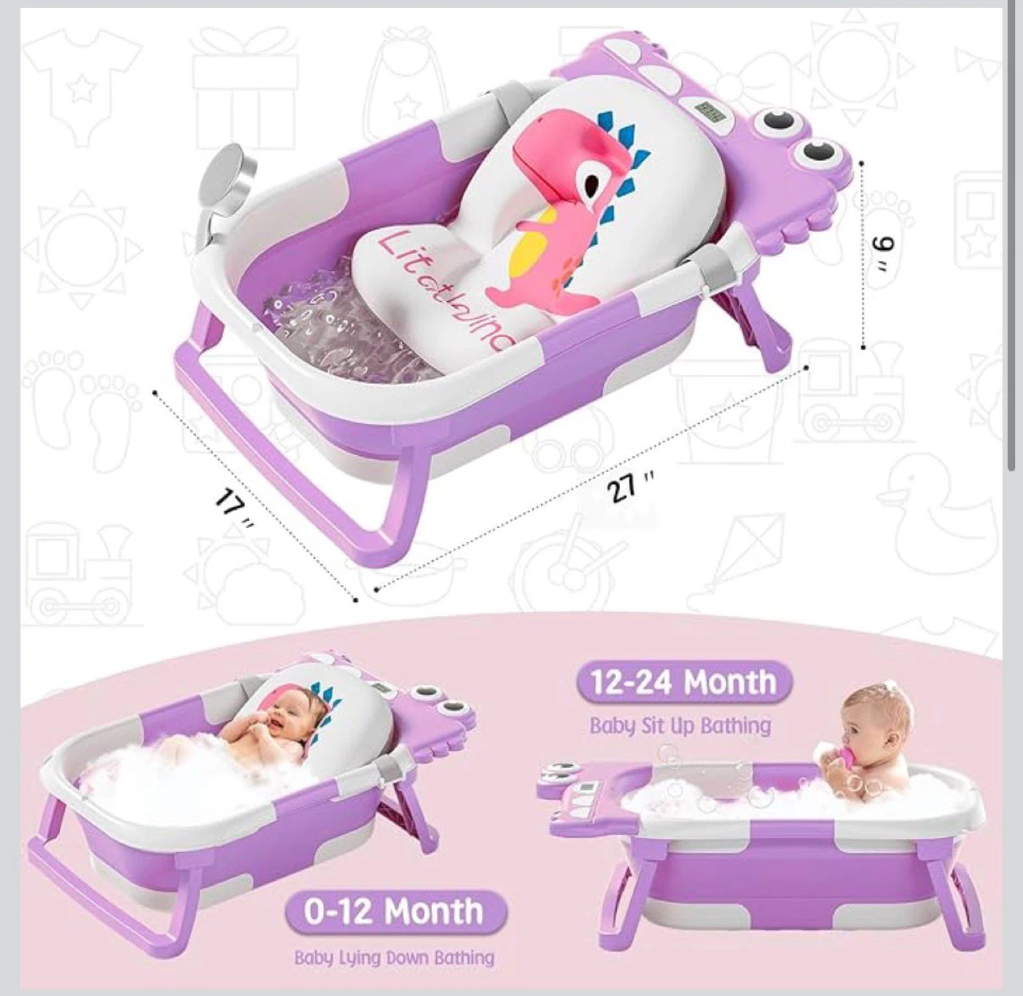 Purple Dinosaur Baby Bath Tub with Digital Thermometer - photo 5